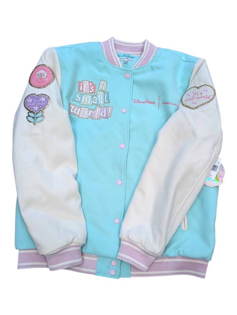 Disney Parks x Stoney Clover Lane it’s a small world Teal Bomber Varsity Jacket